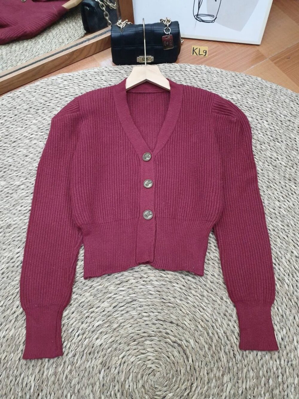 Burgundy Ribbed Knit Cardigan V Neck Engraved Button Sweater